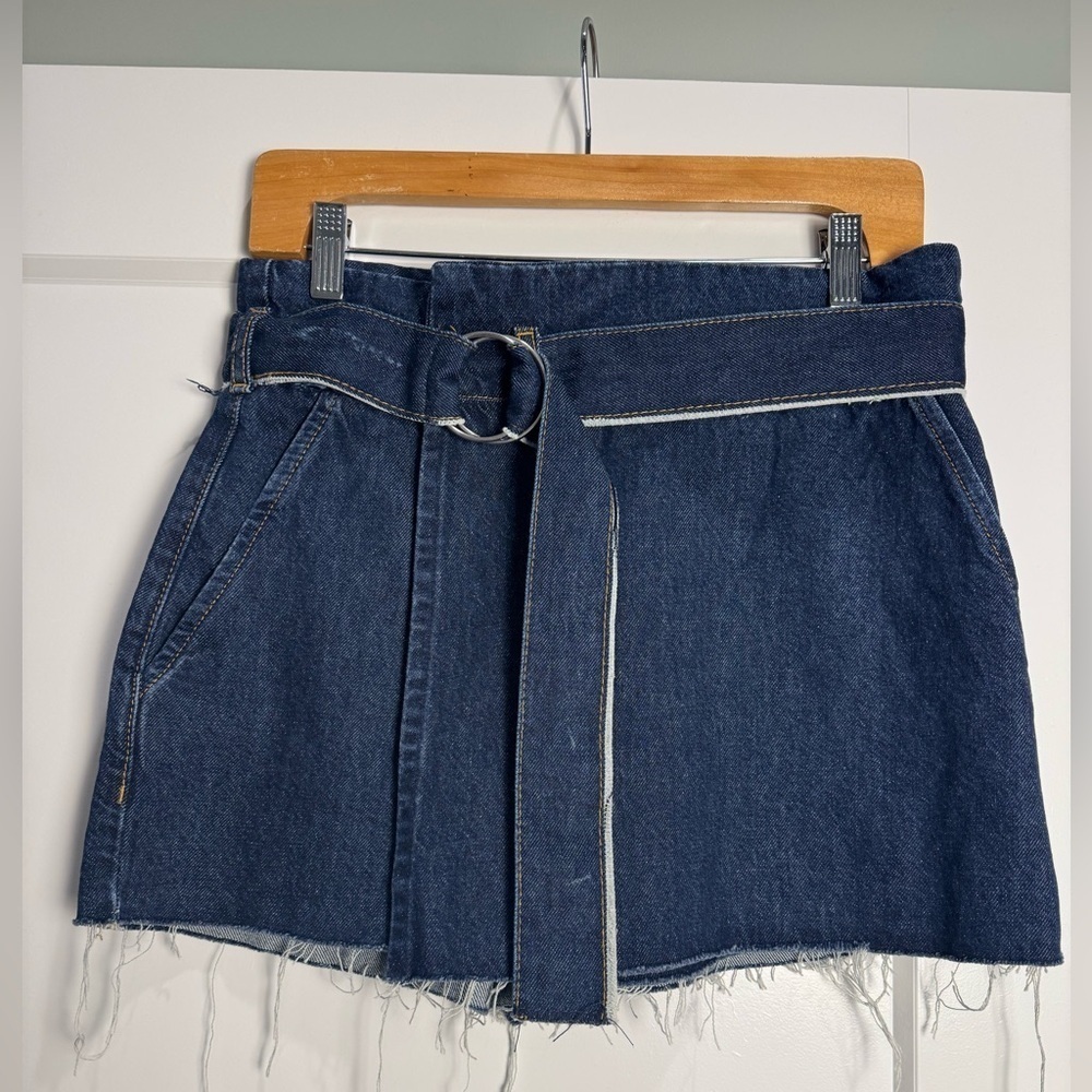 Zara Denim Mini wrap skort with Belt distressed raw hem 100% cotton